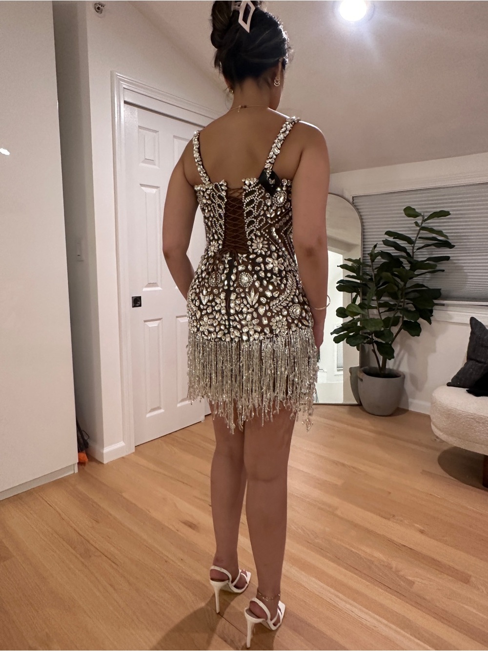 Albina Dyla Crystal-Embellished Black Mini Dress with Fringe - Picture 5 of 9